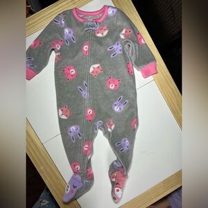 Carter's Gray Plush Footed One-Piece with Pink & Purple Animal Faces
